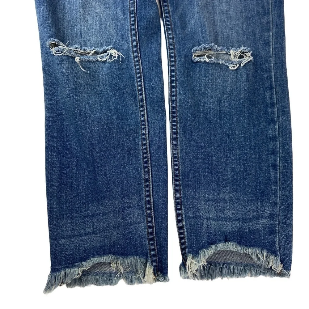 Free People Jeans Sz 29 Crop Straight Raw Fray Hem Busted Knees Dark Wash Blue